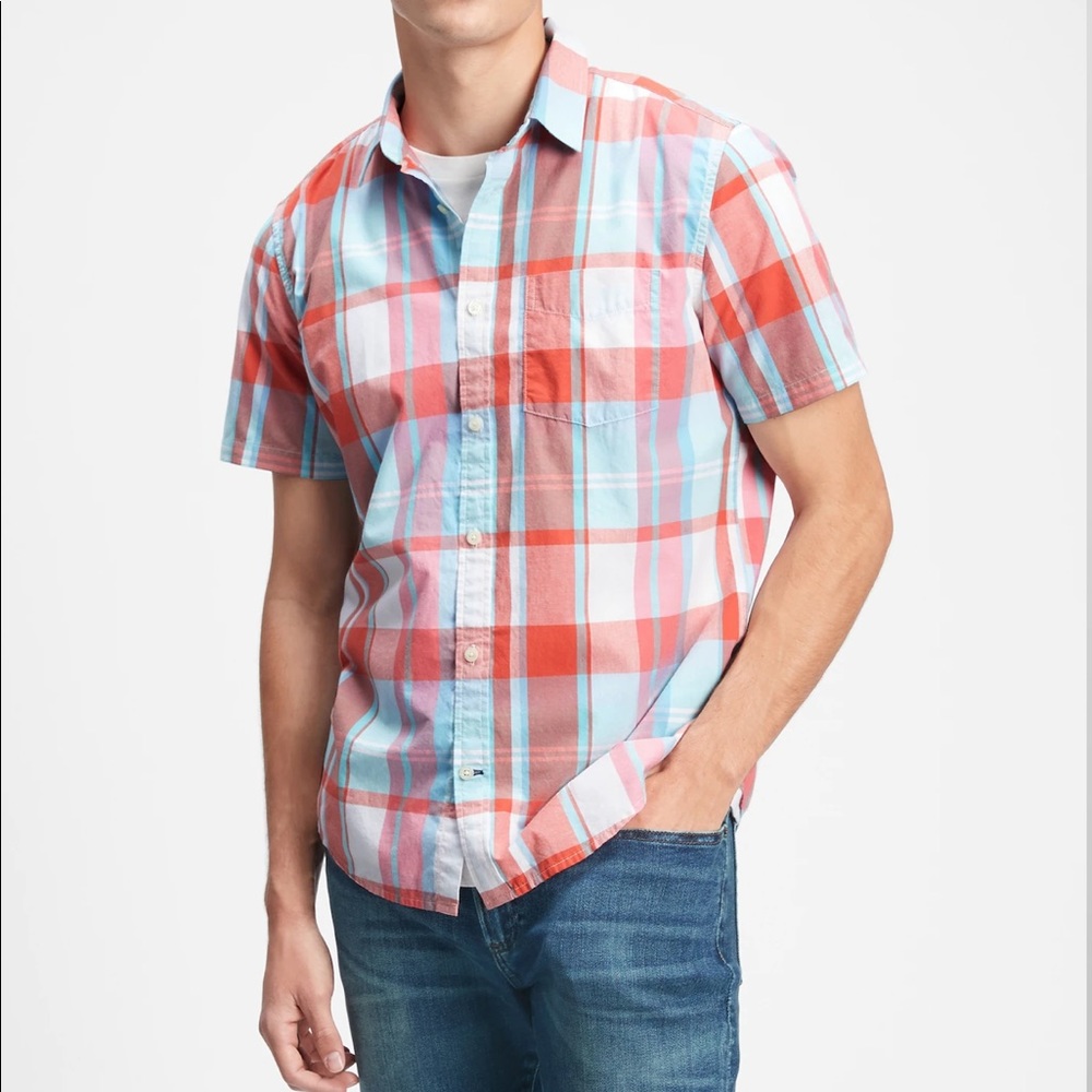 NWT GAP Poplin Shirt Mens Slim Fit Button Down Short Sleeve Multi Plaid